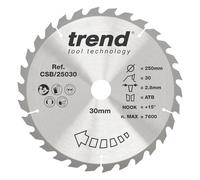 Trend Hoja sierra circular TCT madera 250mm, 30 dientes, 30mm | Cortes rápidos en madera: kerf 2,8 mm y ángulo +15° para avance eficiente. CSB/25030
