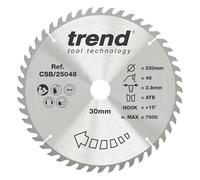 Trend Hoja sierra circular TCT madera 250mm 48T, 30mm | Corte limpio en madera con acabado medio, ángulo gancho +15°, portabroca 30 mm, ideal para uso general, CSB/25048