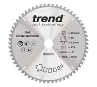 Trend Hoja sierra ingletadora 250x30mm 60T TCT corte fino -5° | Cortes transversales limpios en madera: 60 dientes TCT, 3 mm de corte y gancho -5°, CSB/CC25060