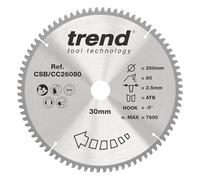 Trend hoja sierra ingletadora 260 mm 80T TCT -5° 30 mm | Cortes de inglete finos en madera dura y blanda: 80 dientes TCT, gancho -5°, kerf 2,5 mm, 30 mm taladro. CSB/CC26080