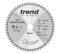 Trend Hoja de sierra ingletadora ATBR inalámbrica de madera, 250 mm de diámetro, 30 mm de diámetro, 60 dientes, corte de 2,2 mm, gancho de +7°, TCT, acabado fino, CSB/CC25060T