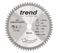 Trend Hoja sierra ingletadora TCT 190 mm, 20 mm, 60 dientes, -5° | Cortes transversales ultra finos en madera con 60 dientes TCT, 1,9 mm de corte y gancho -5°. CSB/CC19060T