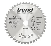 Trend Hoja sierra ingletar TCT 250mm 42D 30mm, -5° acabado medio | Cortes transversales limpios en madera, 42 dientes TCT, 3 mm de corte, gancho -5°; acabado medio, CSB/CC25042