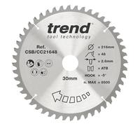Trend CraftPro Hoja de sierra TCT de corte transversal con gancho negativo, 216 mm de diámetro x 48 dientes x 30 mm de diámetro interior, punta de carburo de tungsteno, CSB/CC21648