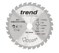 Trend Sierra de inglete Hoja 210 mm 30T TCT -5° gancho, acabado medio | Corte preciso en madera: 30 dientes, kerf 2,4 mm, taladro 25,40 mm, TCT -5° CSB/CC21030B