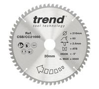 Trend Sierra de inglete TCT 216mm 60D, 30mm, gancho -5° | Cortes transversales finos en madera blanda y dura; 30mm de taladro, corte 2,6mm y gancho -5°; CSB/CC21660