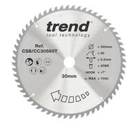 Trend Wood Cordless ATBR Hoja de sierra ingletadora, 305mm de diámetro, 30mm de orificio, 60 dientes, 2.2mm de ancho de corte, gancho de +7°, metal duro (TCT), acabado fino, CSB/CC30560T