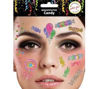 Trendandstylez Set de tatuajes faciales con purpurina, 30 diseños, tatuaje facial, dermatológicamente probado, carnaval, festival, Halloween, carnaval y fiesta (candy)