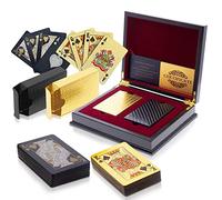 Trendcool Cartas Poker. Baraja Poker Juego de Mesa con Caja Madera Maletin. Baraja de Cartas Poker Impermeable. Baraja Poker Negras, Doradas, Oro. (Gold+Black+Box)