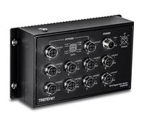 TRENDnet Interruptor ferroviario industrial EN 50155 M12 Gigabit PoE+ de 10 puertos, TI-XPG102, clasificación IP40 para entornos hostiles, cumple con NDAA + TAA, negro