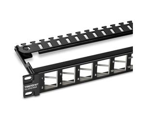 TRENDnet, TC-KP24SA, Panel de conexión Keystone de 24 Puertos con Conector en ángulo 1U, STP, Cat6A, Cat5, Cat5e, Cat6, diseño de Montaje en Rack de 19", Negro