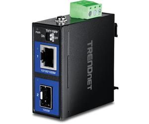 TRENDnet, TI-F11SFP, Convertidor de Medios Industrial de 100/1000Base-T a SFP, Incluye Hardware para Montaje en Pared y riel DIN, Fibra multimodo o monomodo
