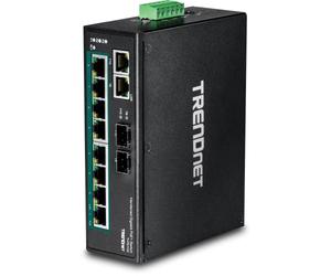 TRENDnet, TI-PG102, Switch DIN-Rail PoE+ Gigabit Industrial de 10 Puertos, 8 Puertos Gigabit PoE+, Montaje en Carril DIN, 2 Ranuras SFP, Consumo de energía PoE de 240 W