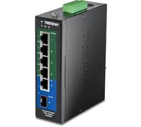 TRENDnet, TI-PG541, Switch DIN-Rail PoE+ Gigabit Industrial Reforzado de 5 Puertos, 120 W de Potencia, 1 Ranura SFP, clasificación IP30, conmutador de Red Gigabit PoE+, Negro