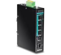 TRENDnet, TI-PG541, Switch DIN-Rail PoE+ Gigabit Industrial Reforzado de 5 Puertos, 120 W de Potencia, 1 Ranura SFP, clasificación IP30, conmutador de Red Gigabit PoE+, Negro