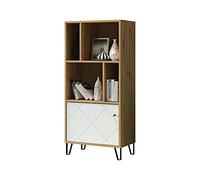 trendteam smart living - Estantería táctil - Blanco/Roble - Estantería de pie con 1 Puerta y 4 Compartimentos Abiertos - Frentes con fresado Decorativo - 63 x 136 x 40 cm (Ancho x Alto x Profundidad