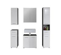 trendteam smart living Line Bad:KO.Sardegna Rauchsilber Melamin,FR.Weiß Hochglanz Tiefzieh,Badkombination Mueble, Blanco, 150 x 182 x 214.5 cm