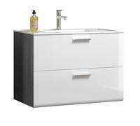 trendteam smart living - Riva - Lavabo - Blanco Brillante/Gris - Armario para Debajo del Lavabo Colgante con 2 cajones con Lavabo - 82 x 59 x 47 cm - con Mango Cromado