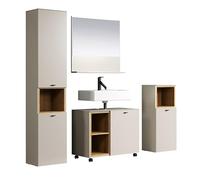 trendteam smart living - Sao Paulo - Juego de Muebles de baño - Cachemira (Beige/Roble Evoke) - Armario Alto para Debajo del Lavabo con Ruedas, Espejo de Pared, Armario de baño - 180 x 186 x 42 cm
