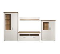 trendteam smart living - Shade - Combinación de salón - Blanco/Roble - Vitrina Alta, Parte Inferior de TV, Placa de Pared, Vitrina de Media Altura - 368 x 194 x 45 cm - Tiradores Plateados
