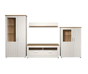 trendteam smart living - Shade - Combinación de salón - Blanco/Roble - Vitrina Alta, Parte Inferior de TV, Placa de Pared, Vitrina de Media Altura - 368 x 194 x 45 cm - Tiradores Plateados