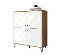 trendteam smart living - Touch - Aparador - Blanco/Roble - Tablero Alto con | 123 x 136 x 40 cm. Amortiguador de cierre suave. Patas de metal de 12 cm. 4 puertas, 4 estantes