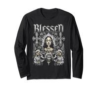 Trendy Apparel Blessed Praying Woman Surrounded by Crosses Manga Larga