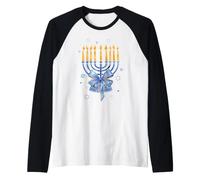 Trendy Apparel Blue Menorah with Blue Gold Bow Star of David Camiseta Manga Raglan