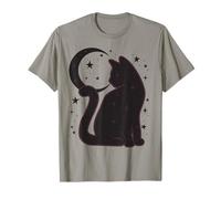 Trendy Apparel Minimalistic Black Cat Crescent Moon and Star Camiseta