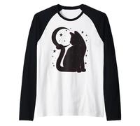 Trendy Apparel Minimalistic Black Cat Crescent Moon and Star Camiseta Manga Raglan