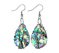 Trendy-beads - Pendientes chapados en plata con diseño de árbol de la vida, gota de agua, concha de abulón natural, para mujer