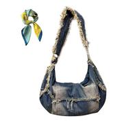 Trendy Distressed Denim Crossbody Bag,Grunge Style Streetwear Jean Hobo Tote Bags,Retro Casual Shoulder Purse Satchel (Dark blue)