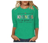 Trendy Kindness is Free Camisetas para mujer 2026 Casual Entrenamiento Verano Tops Sueltas Lindas Camisetas de Letras de Ajuste Suelto Salir Cuello Redondo Playera Camiseta de Manga 3/4 Gráfico, verde