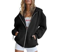 Trendy Queen Sudaderas con Capucha y Cremallera para Mujer, Sudaderas de Gran tamaño, Trajes de Moda para otoño, Chaquetas Casuales, Ropa de Invierno 2024, Negro -, M