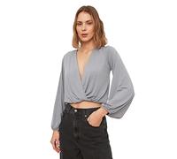 Trendyol Blusa básica de Punto Cache-Coeur de Ajuste Regular para Mujer, Gris, XS