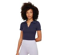 TRENDYOL Blusa de Punto con Cuello Polo básico Ajustado para Mujer Camisa, Azul Marino, S