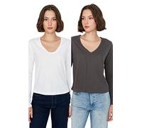 Trendyol Camiseta básica de Punto con Cuello en V estándar para Mujer Camisa, Blanco Antracita, M