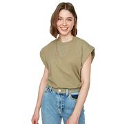 Trendyol Camiseta básica de Punto con Cuello Redondo y Ajuste Regular para Mujer, Caqui, XL