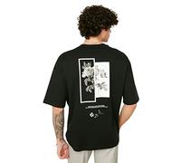 TRENDYOL Camiseta de Manga Corta Impresa de Cuello Redondo para Hombre de Gran tamaño, Negro, S
