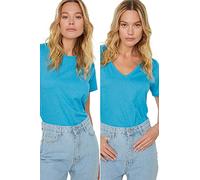 Trendyol Camiseta de Punto Azul Suprem de Cuello en V y Cuello Redondo, 2 Unidades, básica, Azul, Extragrande