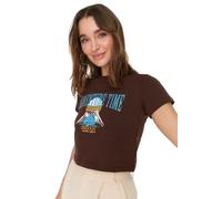 Trendyol Camiseta de Punto básica Delgada con Cuello Redondo para Mujer, marrón, L