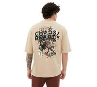 Trendyol Camiseta de Punto de Cuello Redondo básico de Gran tamaño para Hombre Joven, Beige, S