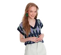 Trendyol Chaleco de suéter Regular con Cuello en V y patrón, Azul Marino, S para Mujer