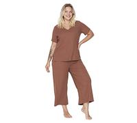 Trendyol Conjunto de Pijama de Punto Liso para Mujer, Talla Grande, marrón, 3XL más