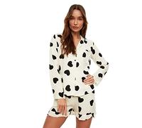 Trendyol Damen Herz Rüsche Mitte Webstoff Hemd-Shorts Pyjama Conjunto de Pijama, Black, 34 De Las Mujeres