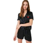Trendyol Damen Mit Slogan Knopf Webstoff Hemd-Shorts Pyjama Conjunto de Pijama, Black, 66 (Pack de 2) De Las Mujeres