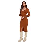 TRENDYOL Mujer Recta Midi Manga Larga Casual Delgado Vestido, Brick, L