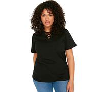 Trendyol Mujeres Plus Size Regular Estándar Cuello en V Tejido Plus Talla Camiseta Negro, Negro, 6XL Grande