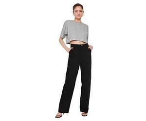 Trendyol Pantalones Vaqueros de Pierna Anchos, Cintura Alta y detallados Jeans, Negro, 42 para Mujer