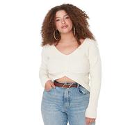 Trendyol Suéter Liso con Cuello en V y Talla Grande Sudadera, Piedra, 3XL para Mujer